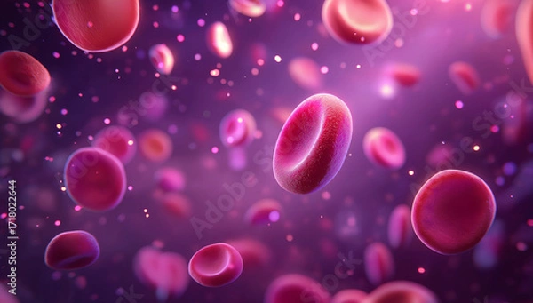 Fototapeta  an animated illustration showing pink and red cells in an environment with soft lighting, creating a magical atmosphere.