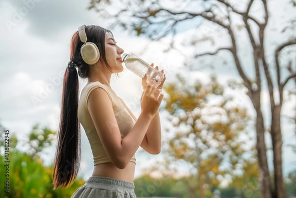 Obraz Asian woman exercise in garden and drinking water from bottle.