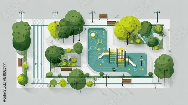 Fototapeta Overhead view of a stylized park with playground equipment and landscaping, bathed in soft light