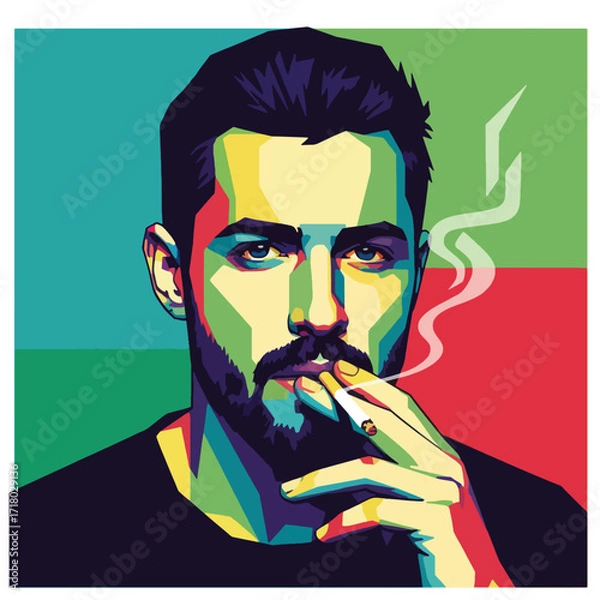 Fototapeta A man with a beard smoking a cigarette in a pop art style