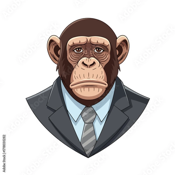 Fototapeta Chimpanzee in a suit isolated on white background looking serious and sad