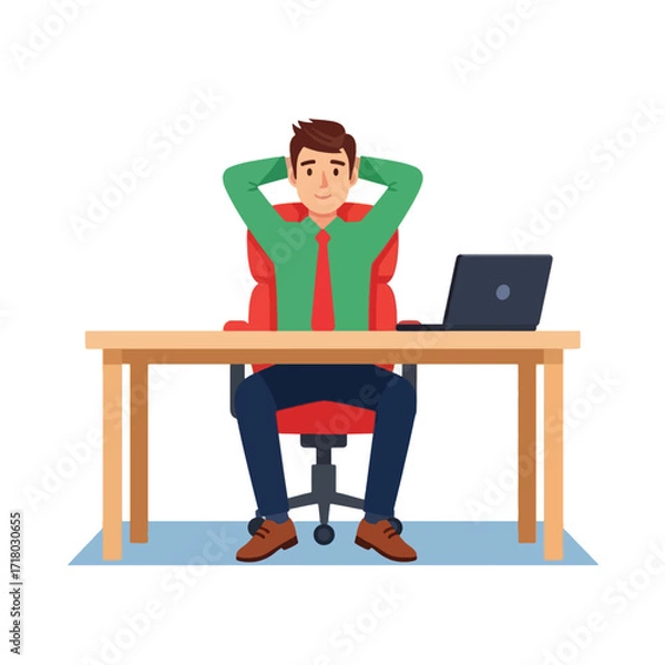 Fototapeta A man relaxing at his desk with a laptop isolated on white background