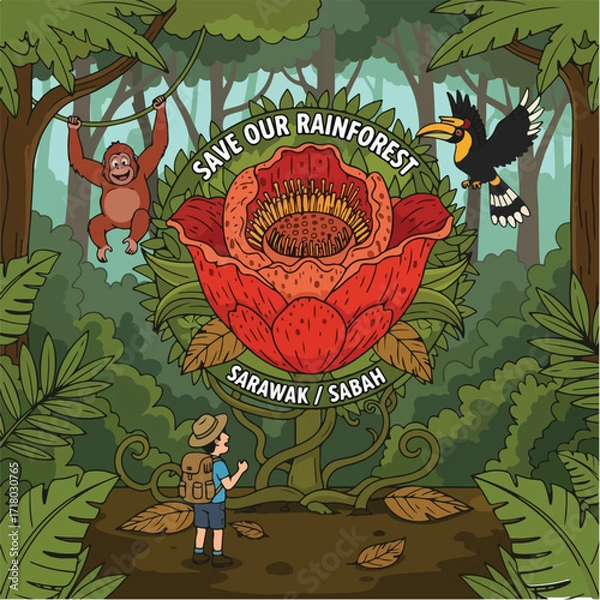 Fototapeta Save Our Rainforest – Rafflesia Flower, Orangutan, and Hornbill in Borneo Jungle (Sarawak / Sabah)