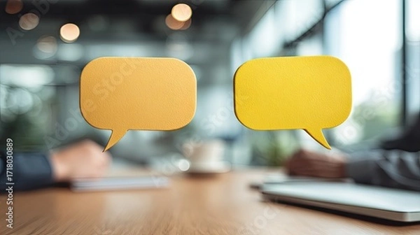 Fototapeta Two yellow speech bubbles on a wooden table with a blurred background.