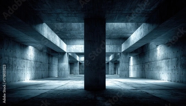 Fototapeta A spacious, concrete architectural interior, bathed in muted light, evokes a sense of depth and mystery.