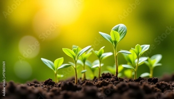 Fototapeta A vibrant cluster of delicate green seedlings reaching towards the warm sunlight, their tiny leaves unfurling in precise symmetry as they soak up the nourishing rays of the sun.