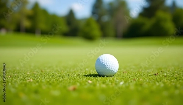 Fototapeta The close up image captures a pristine white golf ball positioned in the vibrant green grass of a well maintained golf course on a sunny day