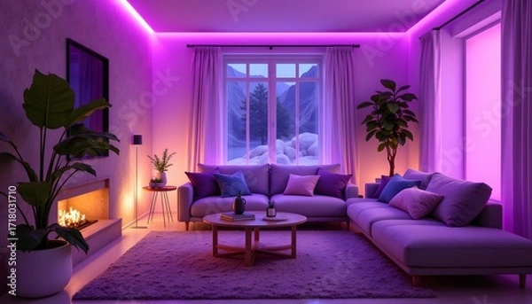 Fototapeta The Lo fi chill living room exudes a calming atmosphere with soft purple hues, cozy textures, and ambient lighting, creating a serene space perfect for unwinding and relaxation.