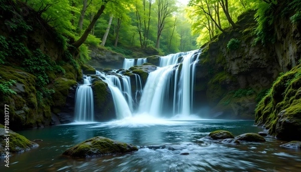 Fototapeta The cascading water tumbles gracefully over the moss covered rocks