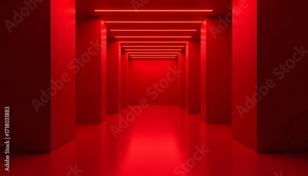 Fototapeta An elegant and sleek minimal red lit hallway interior featuring modern ceiling light panels, creating a moody and luxurious passage perfect for a web header or poster design.