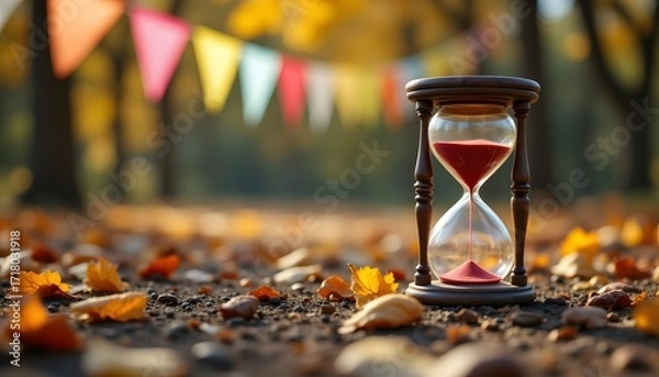 Fototapeta An hourglass lies abandoned on the ground, its fading sand a reminder of the fleeting nature of time. In the background, a banner fluttering in the autumn breeze adds a splash of color to the scene.
