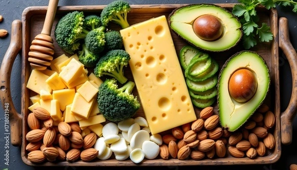 Fototapeta A vibrant array of nutritious ingredients including creamy cheese, crunchy almonds, ripe avocado, fresh broccoli, boiled eggs, assorted nuts, seeds, and a drizzle of golden honey