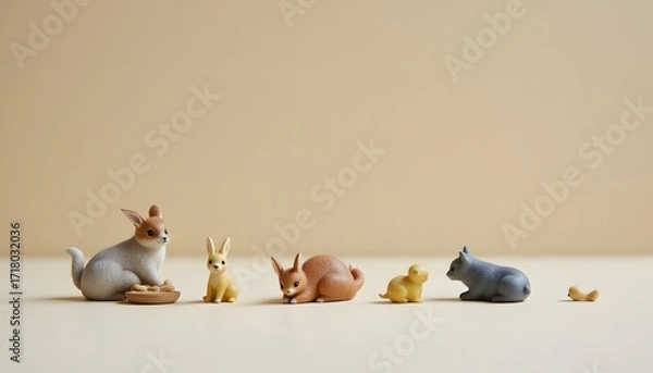 Fototapeta Small figurines depicting animals engaged in daily activities such as eating, sleeping, and playing.
