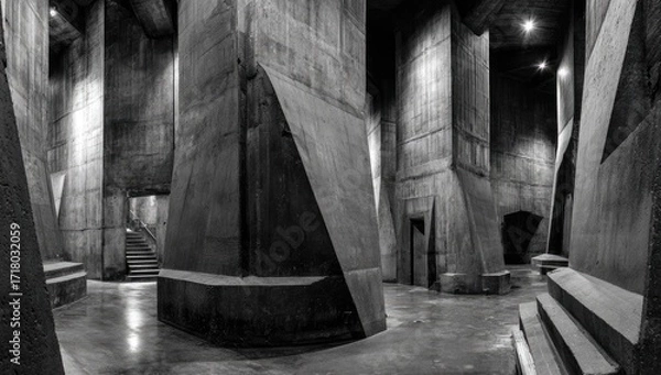 Fototapeta Intricate, angular concrete structures create a striking, somber interior space.