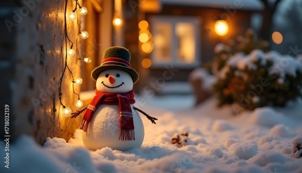 Fototapeta The snowman, with a bright orange carrot nose and a wide smile, peeks around the corner of a wall adorned with twinkling lights, radiating warmth and cheer in a cozy winter setting.