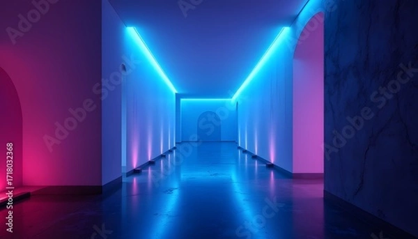 Fototapeta A beautifully lit LED passageway in a sleek, minimalist space, with long exposure photography capturing the soft, ethereal glow that emanates from the lights