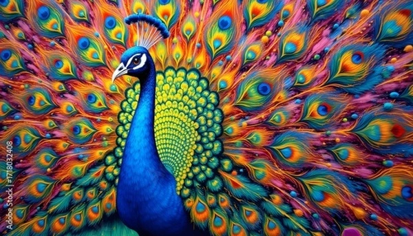 Fototapeta The peacock on the wall was a stunning display of vibrant colors, with its feathers cascading out in intricate patterns and swirls, capturing the essence of the majestic bird in all its glory.