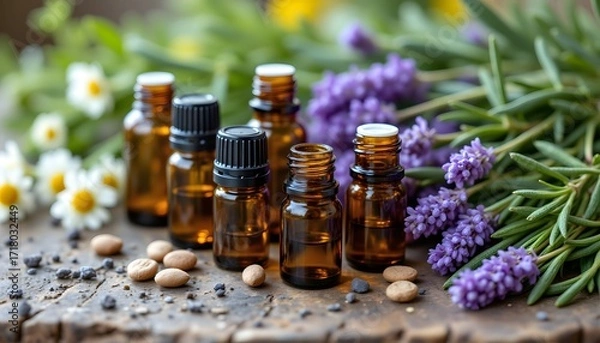 Fototapeta Close up image of various essential oil bottles in vibrant colors, surrounded by fresh lavender, rosemary, and chamomile herbs, all arranged on a weathered wooden table
