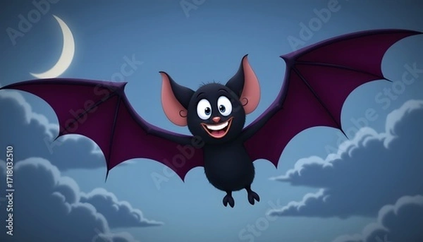Fototapeta The cartoon bat is depicted with round, shiny eyes and a friendly smile, its wings spread wide as it soars gracefully through the sky.