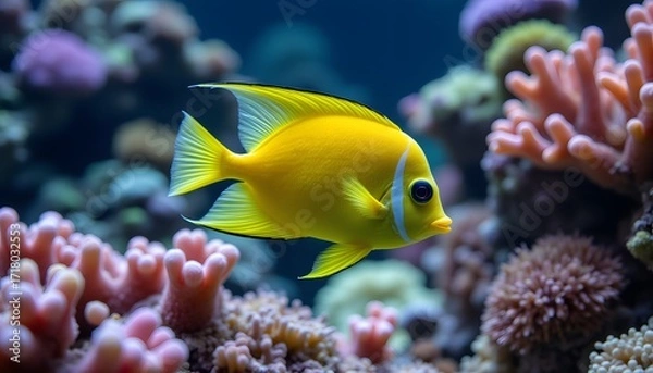 Fototapeta The bright yellow copperband butterflyfish gracefully navigates through the vibrant coral reef, its slender body and distinctive black bands contrasting beautifully against the colorful backdrop.