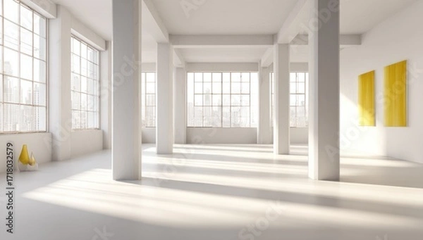 Fototapeta A bright, minimalist loft space features tall, white columns, large windows, and two striking vertical yellow artworks, creating a clean and airy atmosphere.