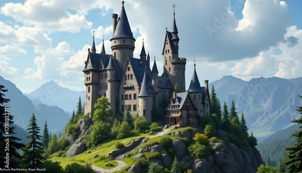 Fototapeta The castle stood tall and majestic, with a towering turret reaching towards the sky, while a cozy, humble house nestled at its base, creating a striking contrast between grandeur and simplicity.