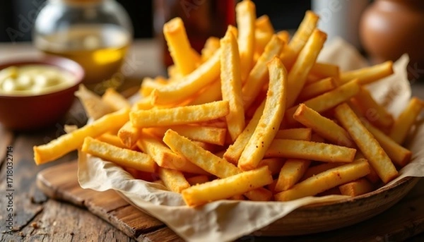 Fototapeta The crisp golden fries, seasoned to perfection, are a delightful treat that brings smiles to faces at the laid back evening gathering