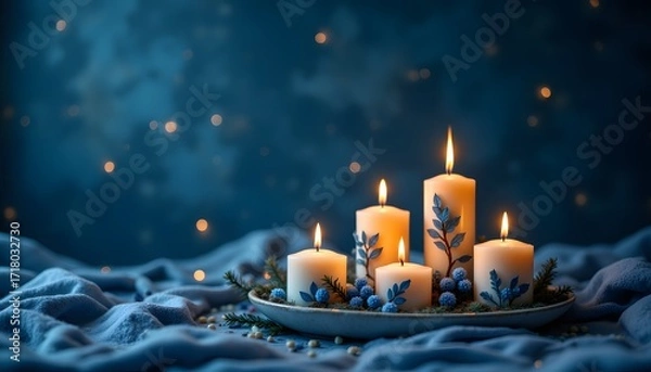 Fototapeta A festive arrangement of Christmas candles adorned with delicate blue leaf decorations stands out against a softly blurred dark blue background, casting a warm and inviting glow.