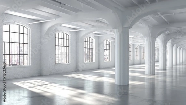 Fototapeta A spacious, sunlit industrial space boasts high ceilings, rows of arched windows, and numerous supporting columns, evoking a sense of grandeur and airy elegance.