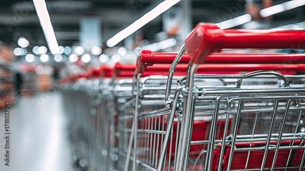 Fototapeta Empty shopping carts in a supermarket.