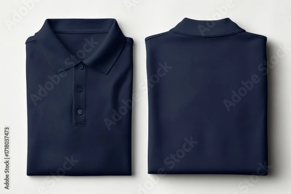 Fototapeta Two neatly folded navy blue polo shirts, one showing the front and the other showing the back, placed on a light background