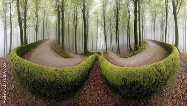 Fototapeta Serpentine pathways wind through a misty forest, adorned with vibrant moss-covered embankments, creating an ethereal and tranquil scene.