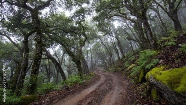 Fototapeta A winding dirt road meanders through a dense, misty forest, with towering trees and lush greenery.