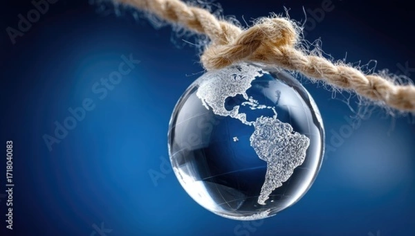 Fototapeta A crystal globe of the world, suspended delicately by a rope, against a deep blue backdrop, showcasing intricate detail and a sense of quiet contemplation.
