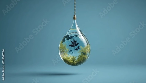 Fototapeta A teardrop-shaped glass vessel, suspended by a thin cord, holds a miniature ecosystem of greenery and stylized flora within its clear, reflective depths.