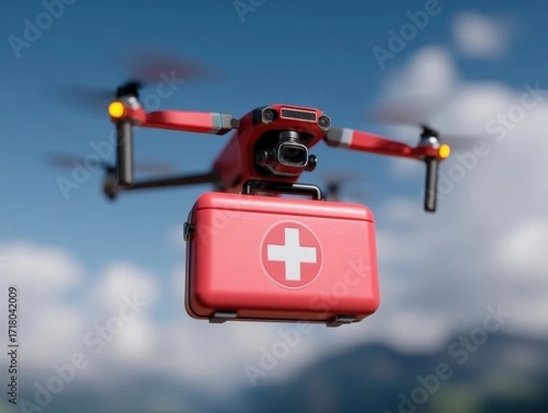 Fototapeta A red drone carries a medical first aid kit through the sky, illustrating modern emergency response technology in action