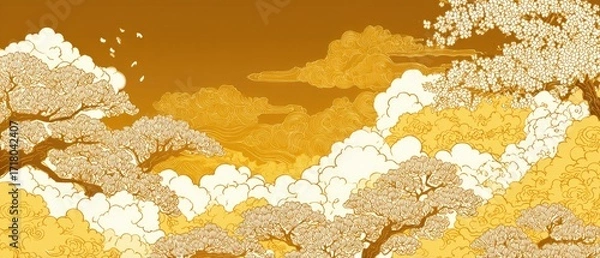 Fototapeta A stylized, serene landscape depicts blossoming trees amidst clouds in a warm, golden hue.