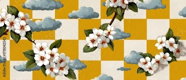 Fototapeta A cheerful pattern showcasing delicate white flowers and soft gray clouds, set against a vibrant mustard yellow and cream checkered background.