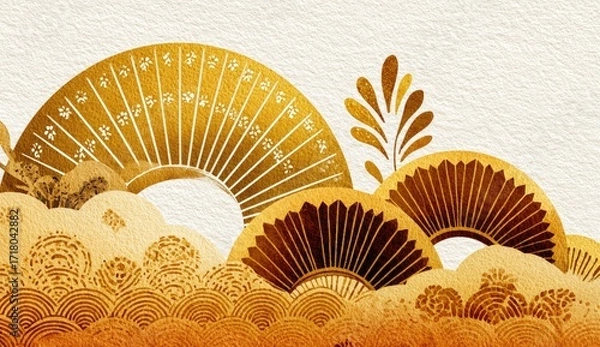 Fototapeta A decorative design featuring gold and brown fans, stylized foliage, and textured clouds, creating a serene and elegant aesthetic.