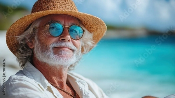 Fototapeta Relaxing senior man with sunglasses on tropical beach portrait photography calm environment close-up view