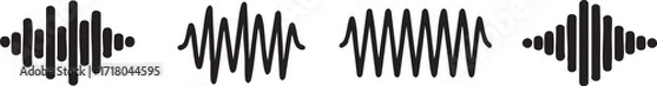 Fototapeta Black podcast sound wave patterns with varying amplitude bars for audio visualization and media interfaces. Digital frequency lines on white bg for music players, recording apps or broadcast design.