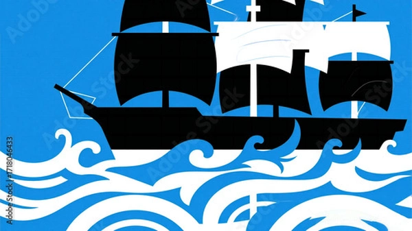 Fototapeta Columbus Day Majestic tall ship with black and white sails navigates dynamic blue and white ocean waves under a clear sky, evoking adventure and exploration