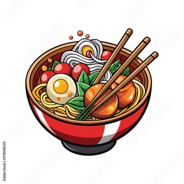 Fototapeta Delicious bowl of ramen noodles with chopsticks perfect for food marketing