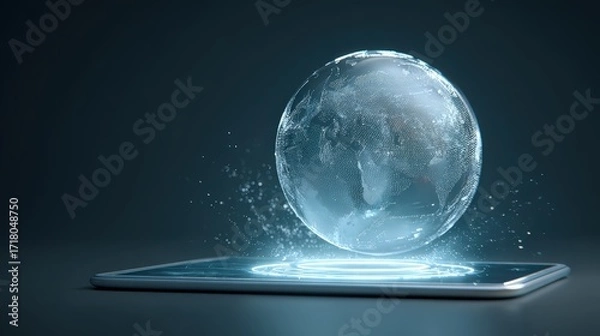Fototapeta Digital Earth Globe Projection on Tablet: Tech and Global Connection