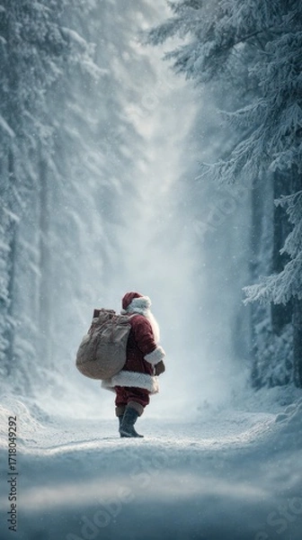 Fototapeta Santa Claus walking through a snowy forest path with a large sack on his back during a winter evening