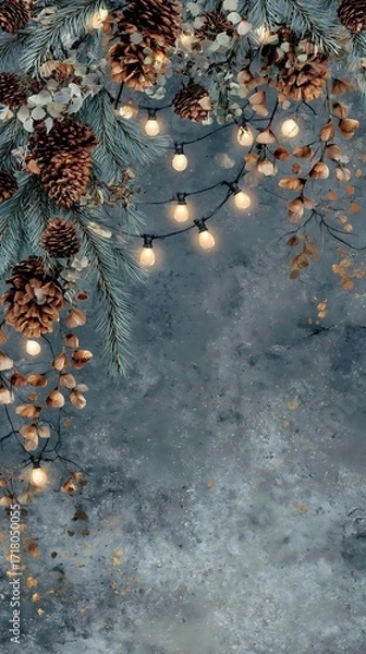 Fototapeta Golden Lights and Festive Greenery on Dark Background