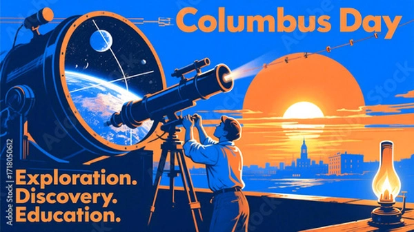 Fototapeta Columbus Day Inspiring Columbus Day scene with explorer observing Earth through telescope, celebrating exploration, discovery, and education under a vibrant sunset sky.