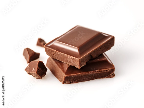 Obraz Macro photo  of Chocolate bar. Broken pieces over white background.