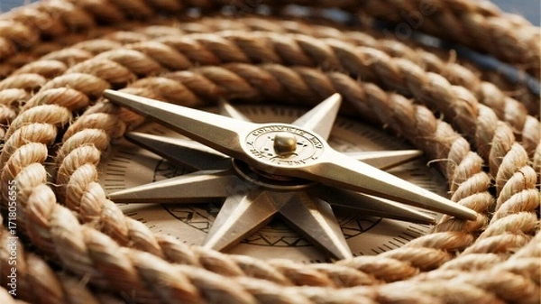 Fototapeta Columbus Day Discover your next adventure with this vintage brass compass and thick nautical rope, symbolizing exploration, guidance, and the spirit of discovery for maritime journeys and life's path.
