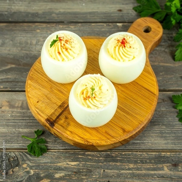 Obraz Deviled eggs on a wooden board